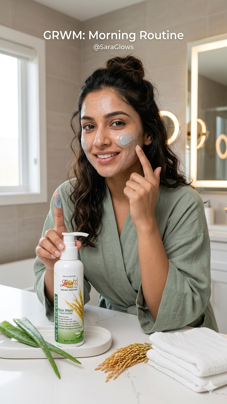 Woman in a green robe applying Zara Beauty Rice & Aloe Vera Face Wash to her face with a pump bottle of skincare product on a table
