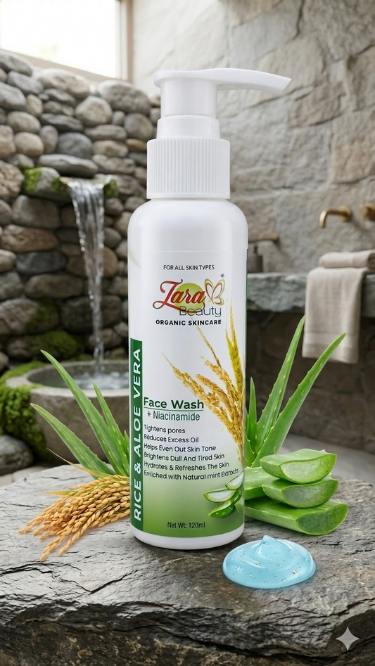 Zara Beauty Rice & Aloe Vera Organic Skincare face wash bottle with aloe vera leaves and rice on a stone surface.