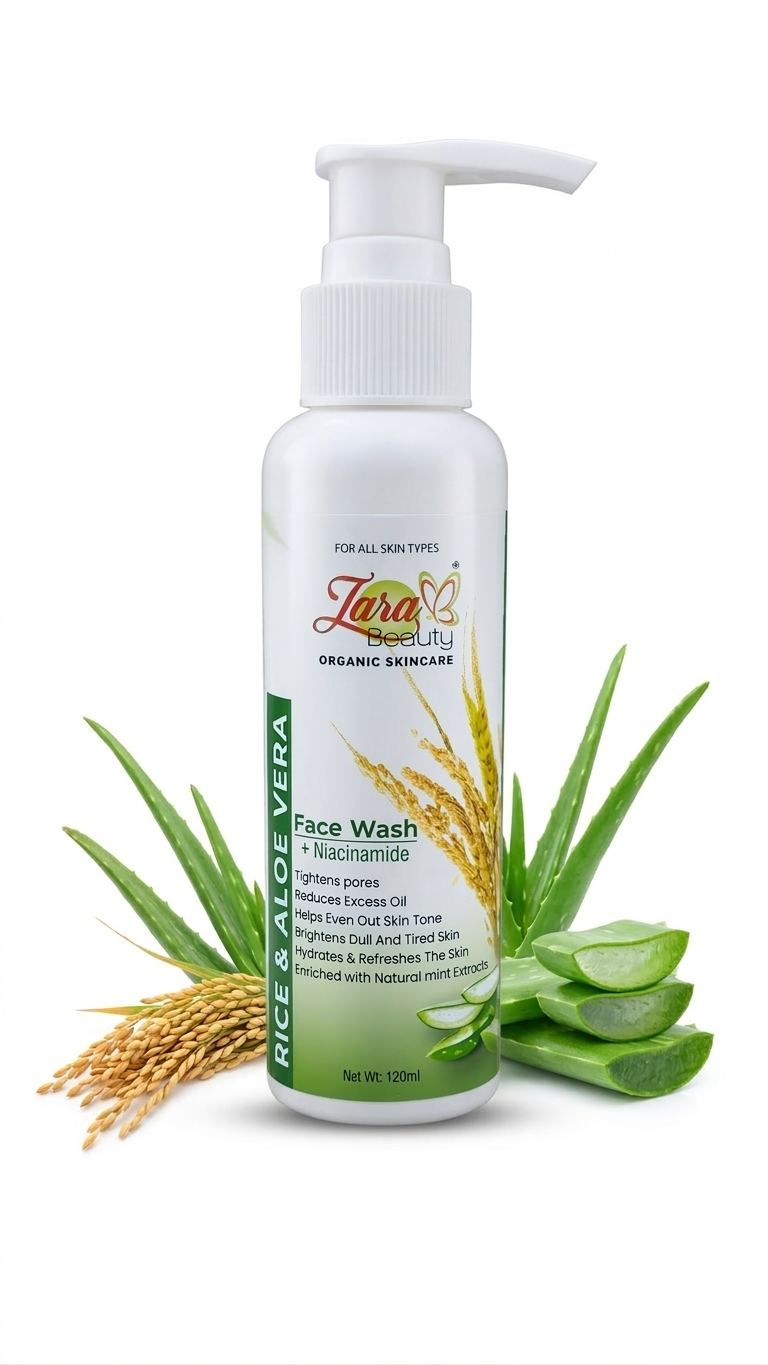 Zara Beauty face wash bottle with aloe vera leaves and rice brans on a white background